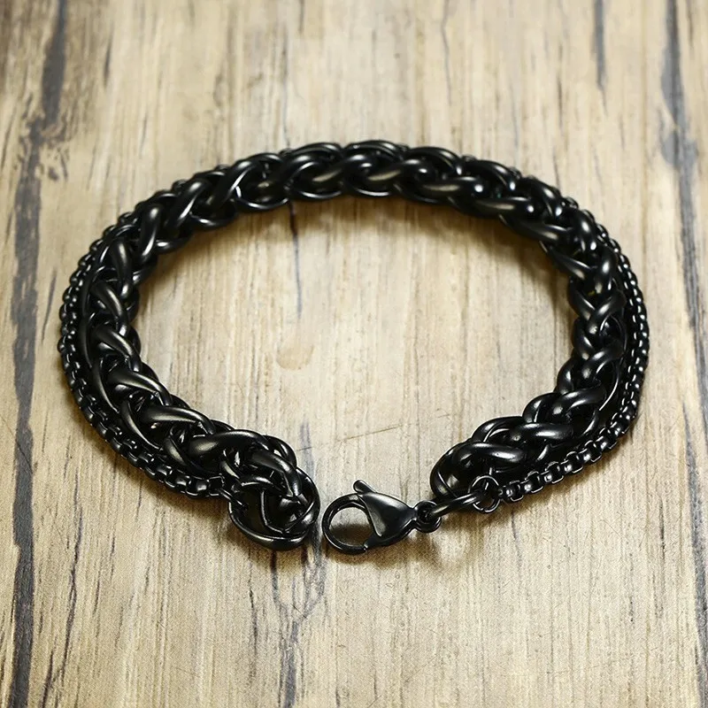 Черный браслет из нержавеющей стали с двойной цепью, браслет из пшеничной спиги для мужчин, аксессуары