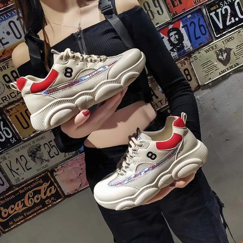 

Fashion Women Vulcanized White Flat Shoes Female Chunky Sneakers Lace-up Casual Rubber Flat Heel Shoes Femme Krasovki