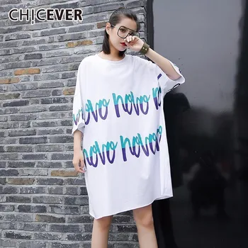 

CHICEVER 2020 Summer Dress Female Letter Print Short Sleeve Loose big Size Dresses For Women Clothes Fashion Casual New