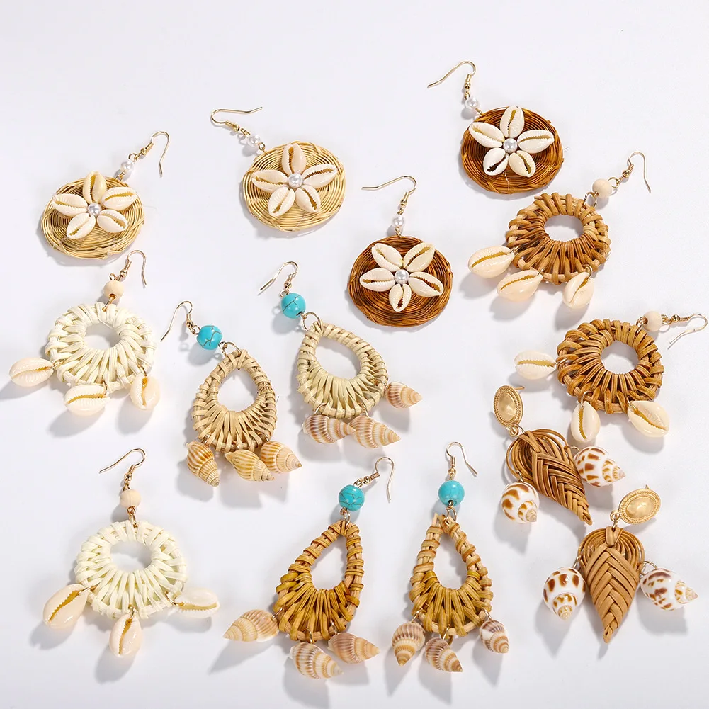 

Fashion Bohemian Round Straw Woven Shell Pendant Earrings Female Geometric Exaggerated Round Pendant Statement Jewelry