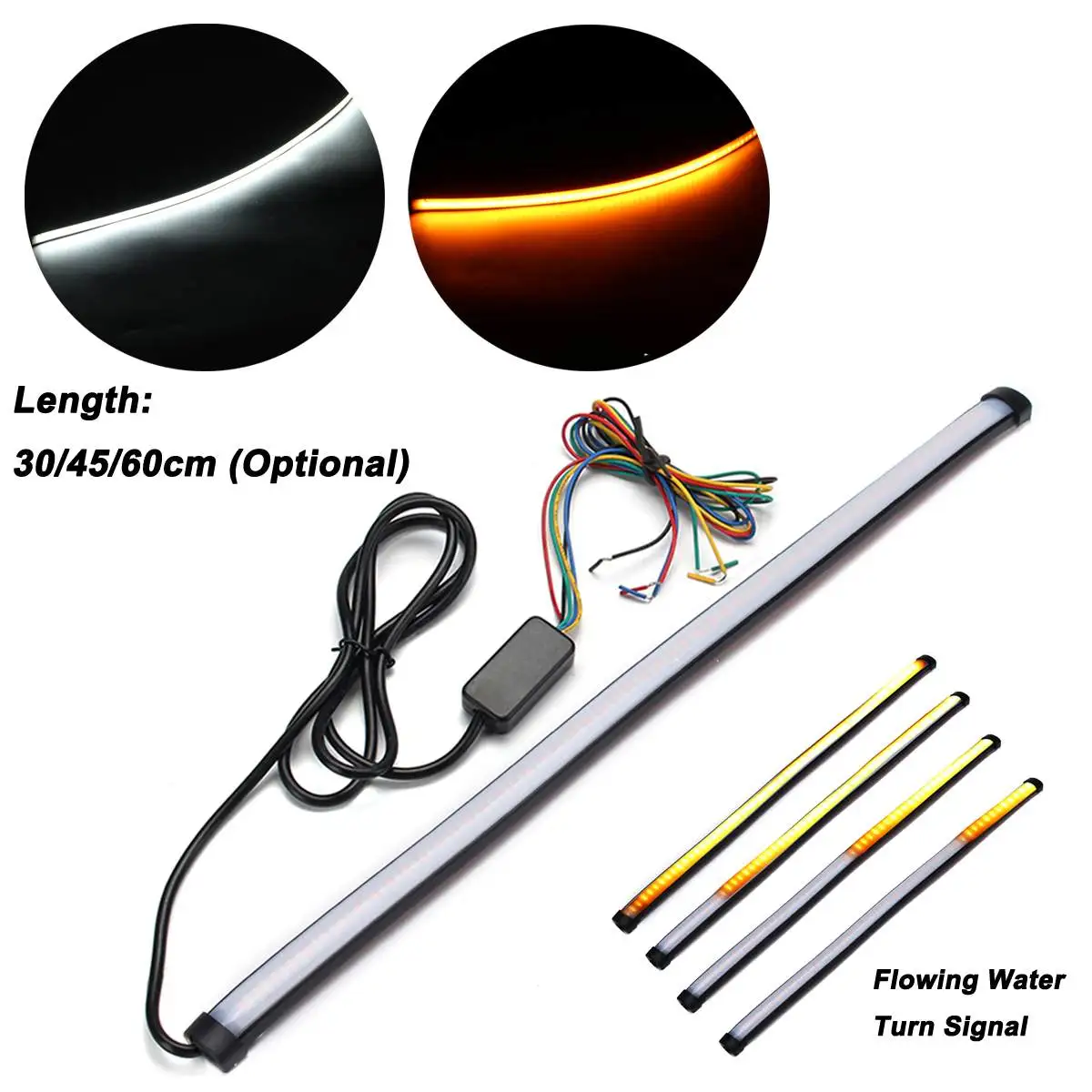 

Universal Car Sequential LED Strip Yellow&White LED DRL Brake Tail Turn Signal Switchback Indicator DRL Daytime Running Light