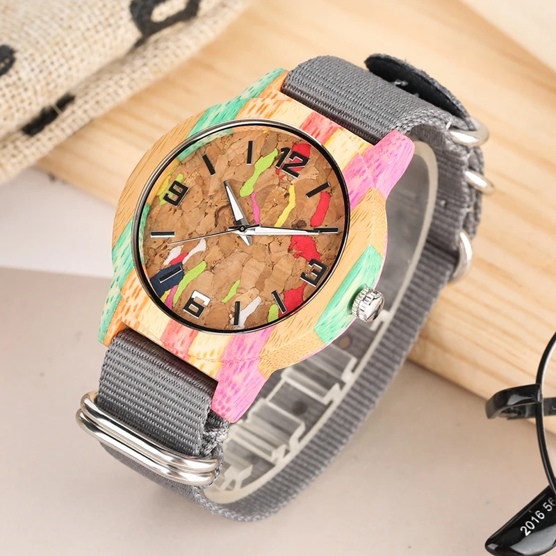 Unisex Slag Cork Striped Dial Retro Colorful Wood Men s Watch Flag Color Nylon Band Reloj 4