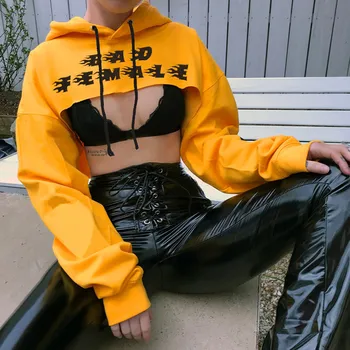 

SUCHCUTE Hoodies Crop Tops Summer Spring Long Sleeve Tees Shirts Streetwear Print Letter Cotton Hooded Sweatshirt Pullovers