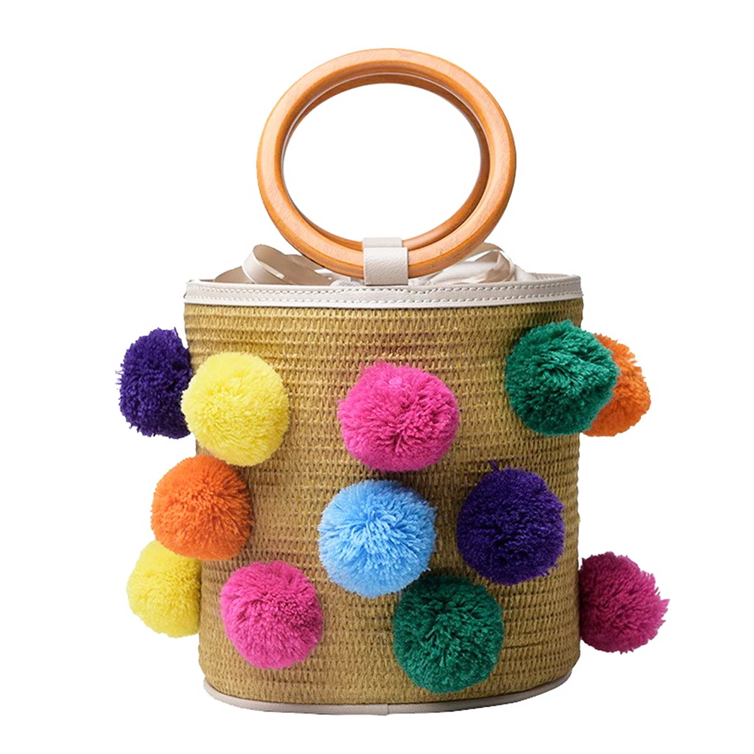 

JHD-Straw Bags Women Beach Bag Bucket-Type Crossbody Bag Summer with Peel-off PU Shoulder Strap Handbag Rattan, Multicolor