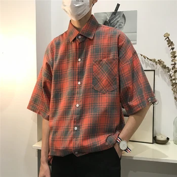 

Summer New Plaid Shirt Men Fashion Retro Casual Shirt Man Streetwear Trend Wild Hip Hop Loose Short-sleeved Shirt Male Clothes