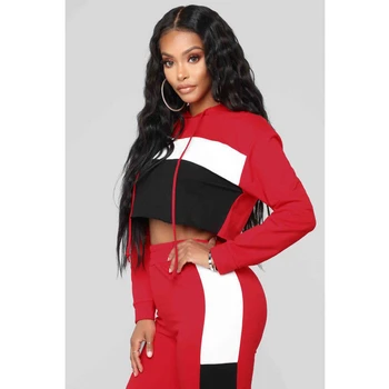 

Fashion womens patchwork hoodies crop tops pants sport wear suit casual tracksuit moto biker style sets