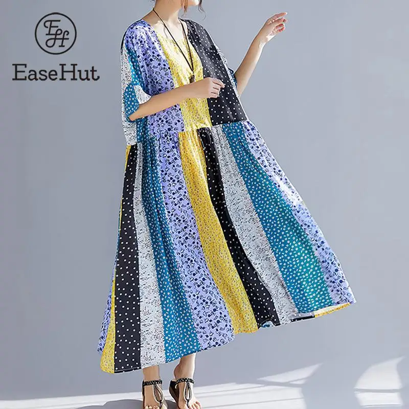 

EaseHut Women Oversize Dress Stripe Dot Printed Multi Color Maxi Dress Summer Sundress Baggy Robe Loose Casual Dresses vestidos