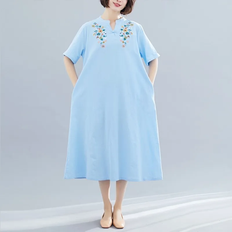 

Vintage Floral Embroidery Cotton Linen Dresses Summer Women Short Sleeve Casual Loose Sundress Sexy V Neck Dress