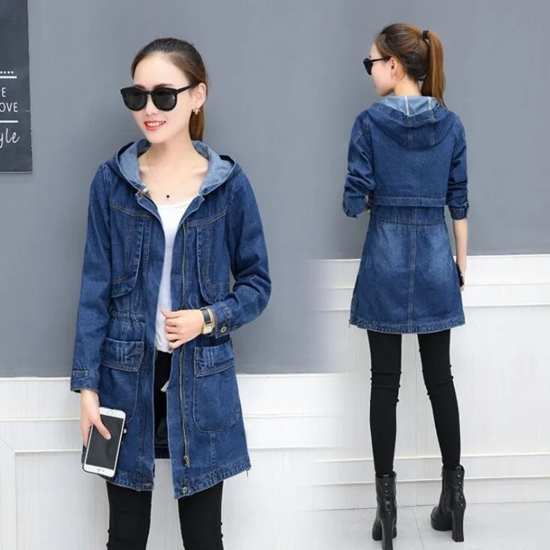 

#3311 Long Denim Jacket With Hooded Loose Coat Korean Fashion Long Sleeve Jeans Jacket Women Big Pockets Side Zipper Plus Size