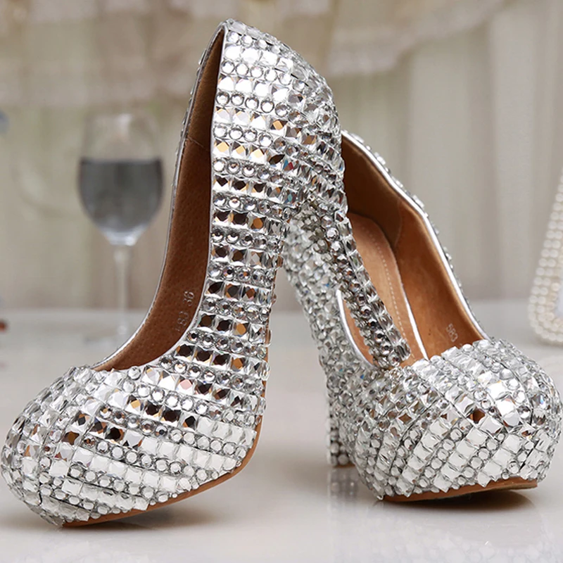 Cristal Femmes Bijoux De Diamant Cendrillon 12 Heels formes Silver À Mariage Hauts 8cm Pompes silver Heels Mariée Glitter Bal Talons Plates Ornée Chaussures Soirée Argent 14cm 12cm Cm w78I7qxr
