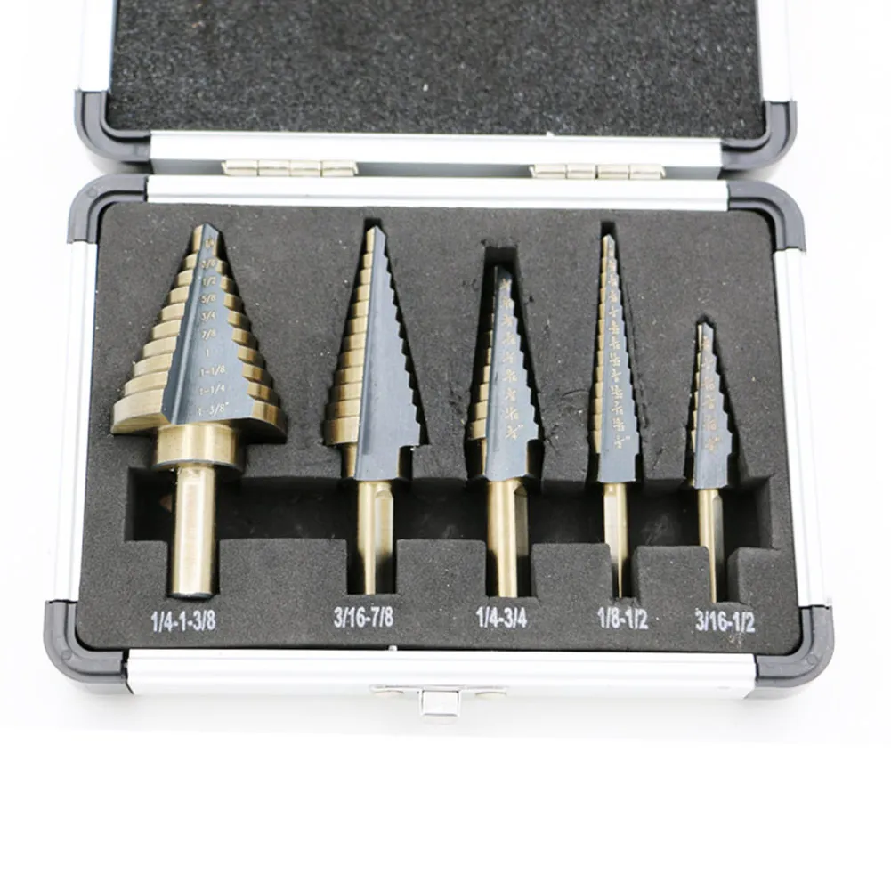 

5 PCS Titanium Step Core Drill Bits Set Power Tools Multiple Hole 50 Sizes Woodworking Metalworking Drilling Set With Case