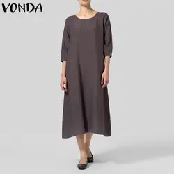VONDA женское хлопковое однотонное платье 2019 осень элегантные женские Ретро повседневные свободные с круглым вырезом с коротким рукавом до