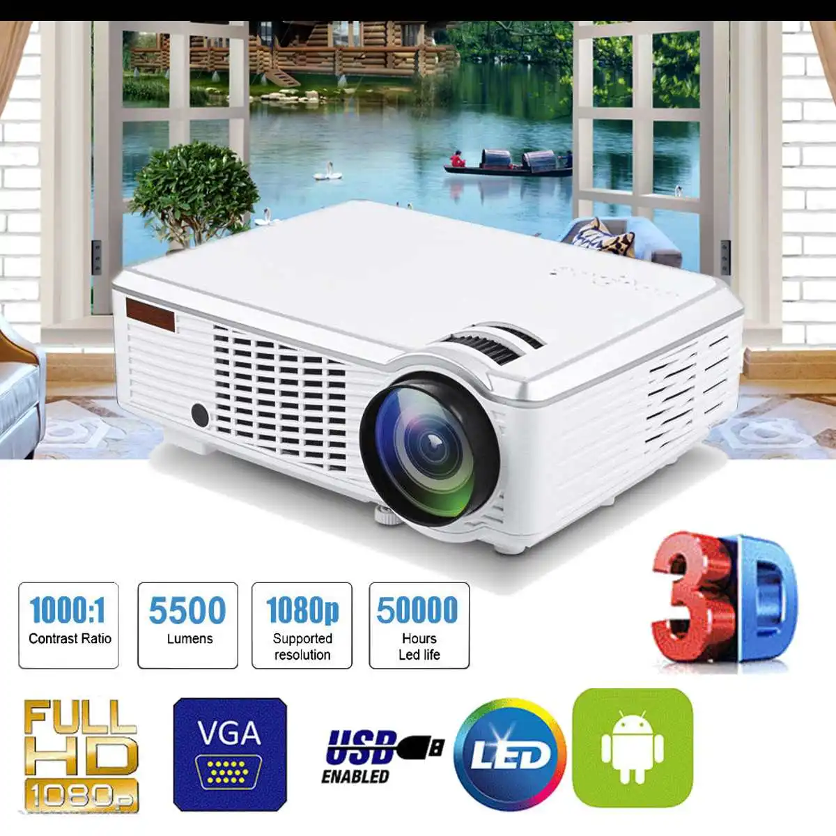 7000 Lumens 1080P Full HD Wireless Projector 3D LED Home Theater Cinema Multimedia Beamer HDMI USB AV CN/US/EU regulations