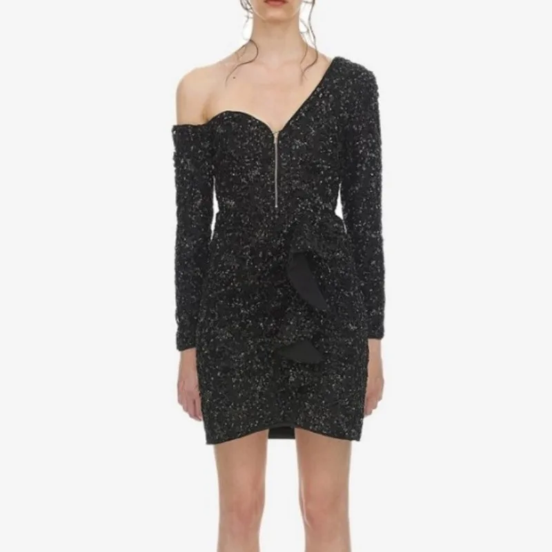 

DEAT 2020 new spring women clothing fashion Embroidered Zipper off one shoulder backless ruffles full sleeves mini dress WD95600