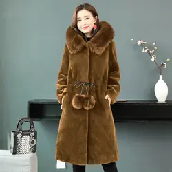 Женская Шуба 2018 Зима Новая овечья стрижка мех пальто лисий мех с капюшоном куртка Тонкий теплый длинный пальто