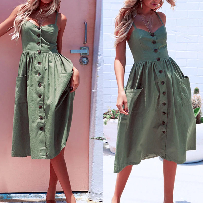 

Fashion Women Summer Sleeveless Midi Dress Summer Beach Slip Dress Plus Size