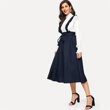 Темно-синяя стильная ретро юбка с завышенной талией и поясом с воланами Женская Весенняя эластичная талия высокая уличная юбка миди