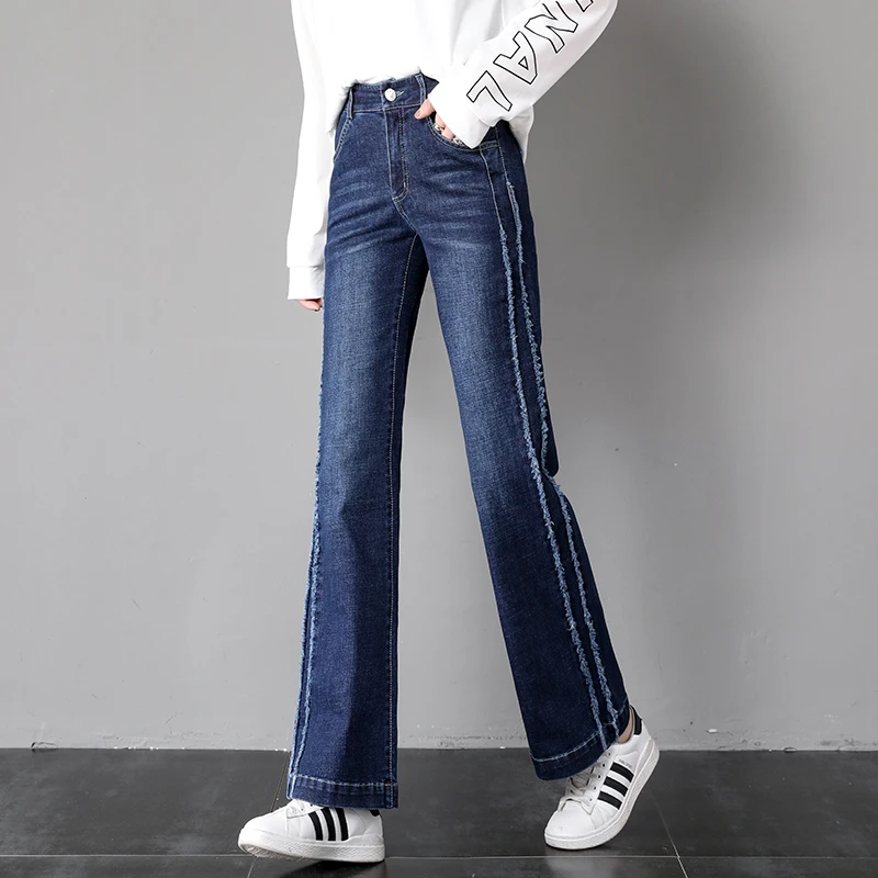 

Qiukichonson High Waist Korean Style Women Straight Jeans 2019 Spring Side Stripe Patchwork Stretch Wide Leg Flare Jeans