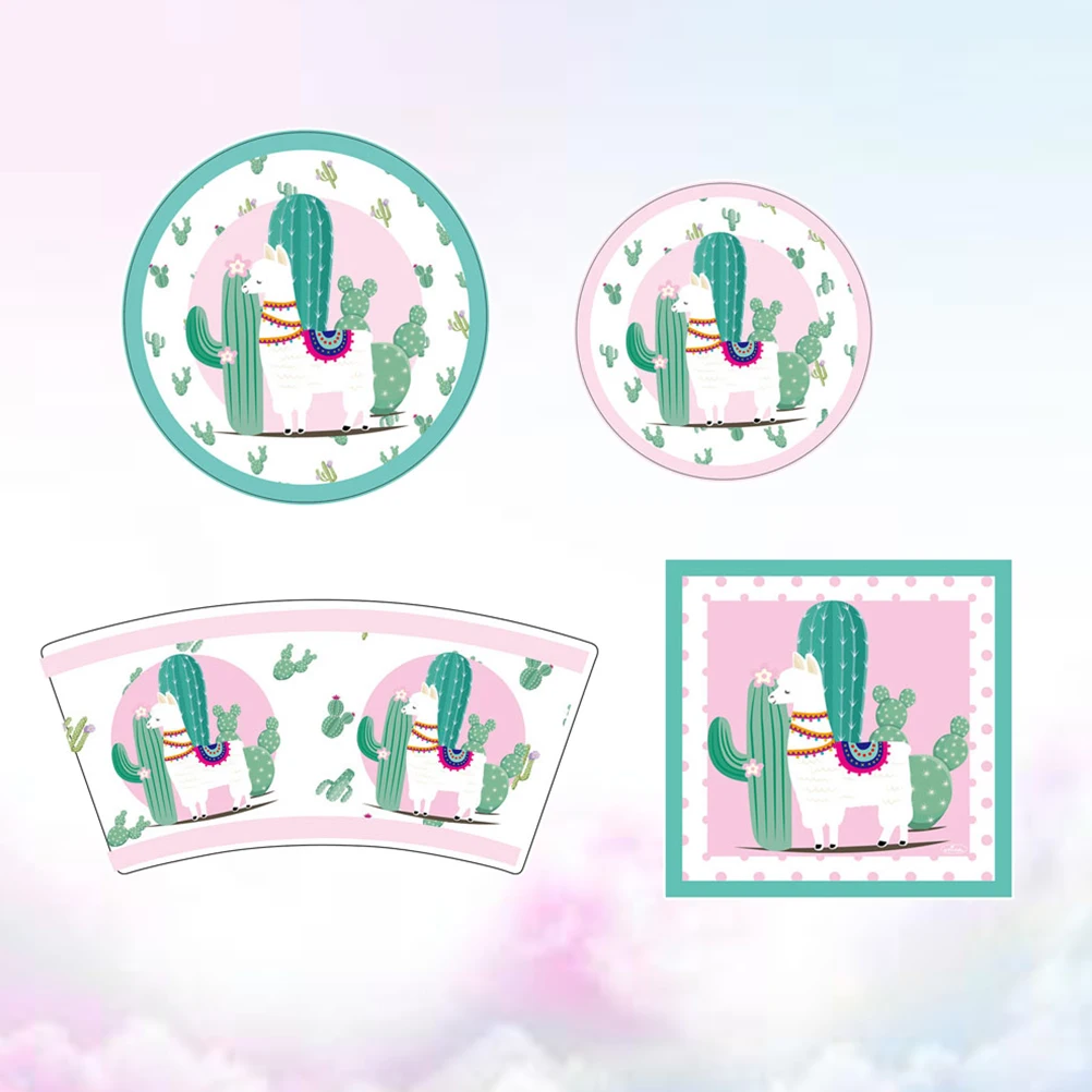  64pcs Alpaca Napkins Cartoon Paper Napkins Lovely Invitation Cards Creative Paper Cups Paper Plates - 33000934099