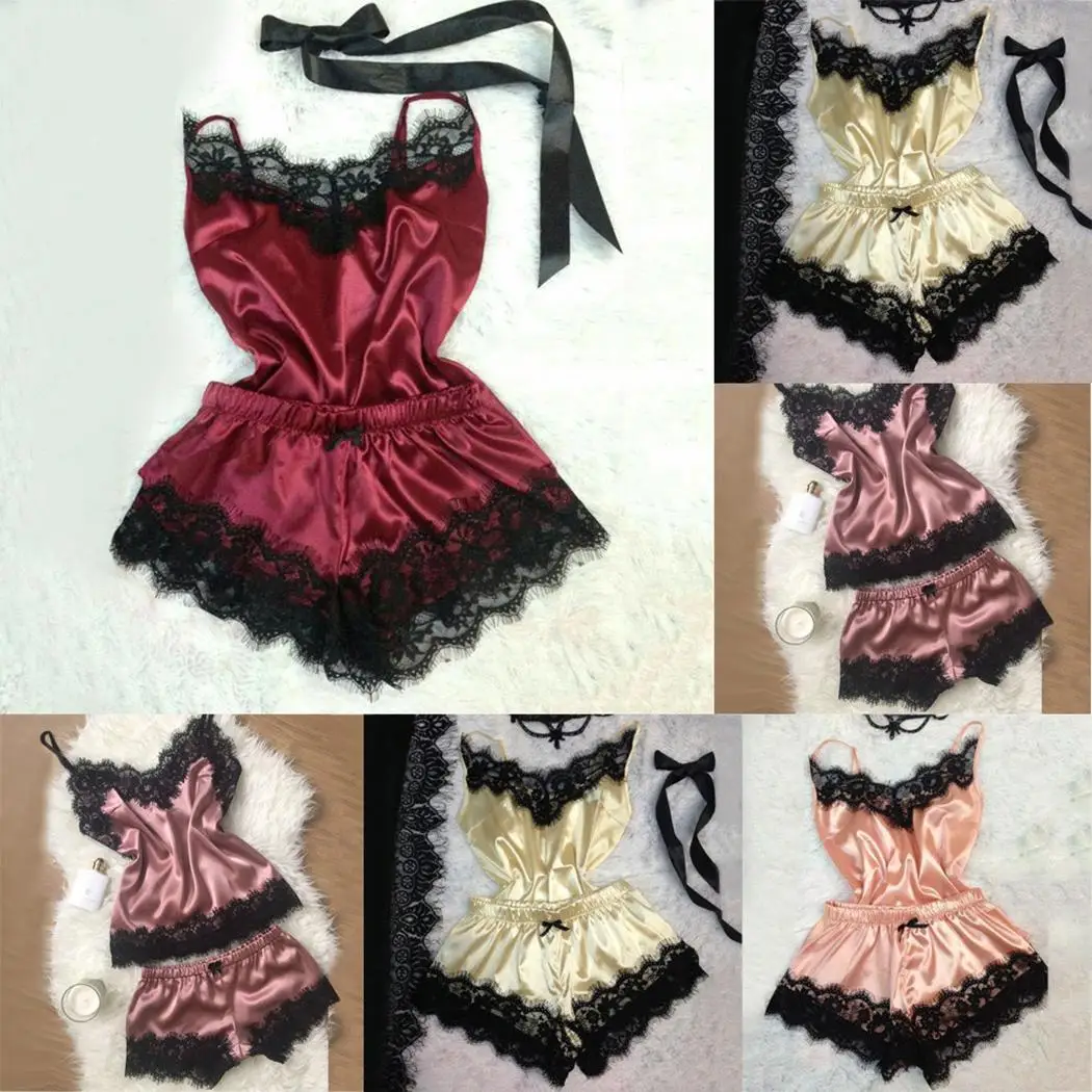 

Women Casual Lace Spaghetti Sleeveless Top Shorts Satin Solid Pajama Sets Sleepwear Regular Summer Nightwear,