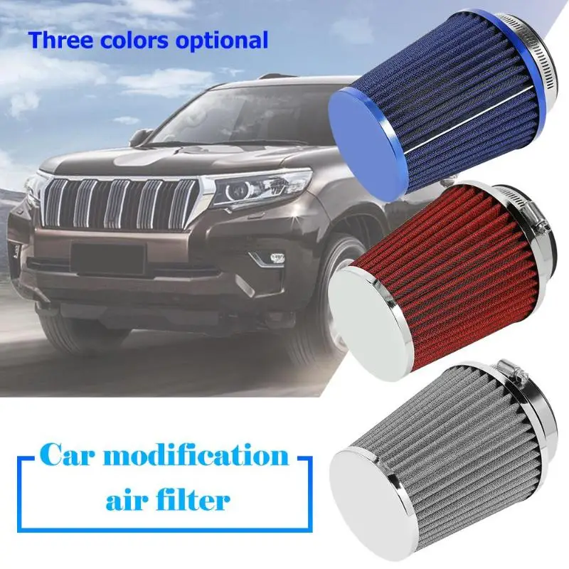 

76mm 3 inch High Flow Cold Air Intake Round Cone Replacement Dry Air Filter Silver/Red/Blue Car Air Filter Vehicle Induction Kit