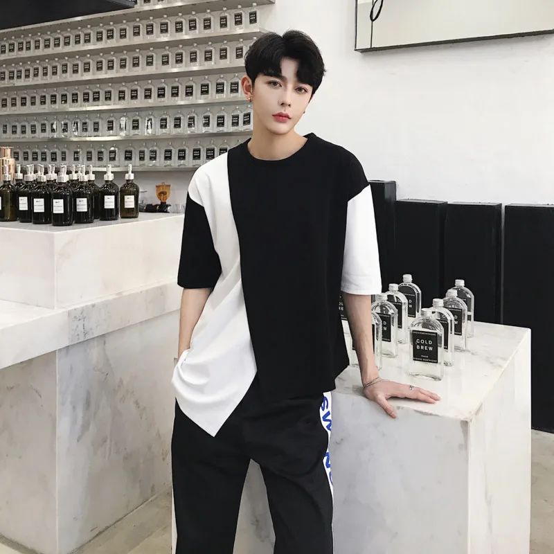 

Men's T shirt 2019 summer new color contrast knit half sleeve round collar loose casual round collar young men's wear