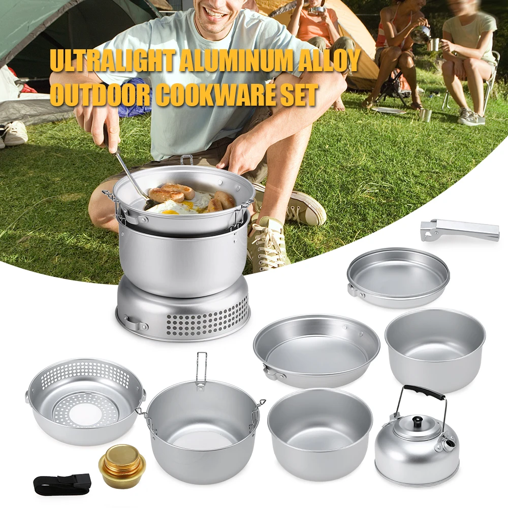

10PCS Outdoor Camping Cooking Set Portable Cookware Dish Plate Pots Water Kettle Alcohol Stove Wind Shield Boiler Cradle