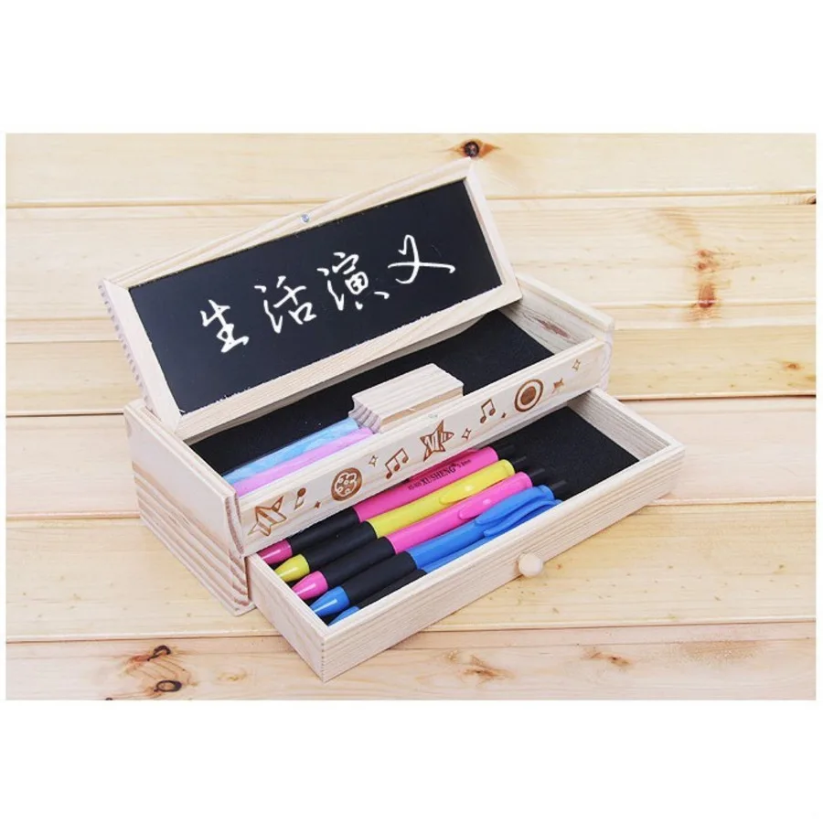 

Wooden Square Cute Double Layer Multifunction Kawaii Pencil Case With Small Blackboard Pencilcase Cartoon Penbox School Supplies
