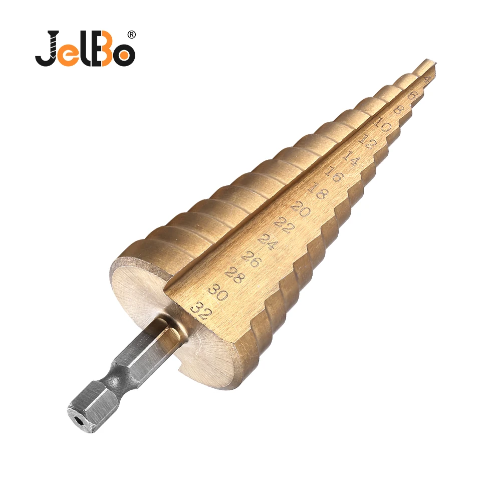 

JelBo 4-32mm Step Drill Bit HSS Drilling Power Tools Hex Titanium Step Cone Drill Bit Taper Hole Cutter woodworking for Metal