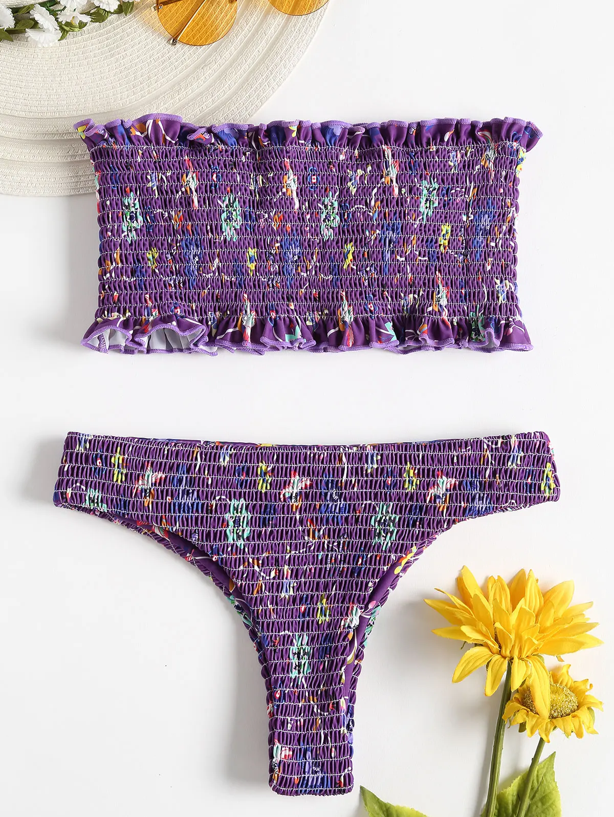 

ZAFUL Women Strapless Smocked Bikini Set Shirred Sunflower Swimwear Bandeau Brazilian Bikini Set Top Bottoms Women Swimsuits
