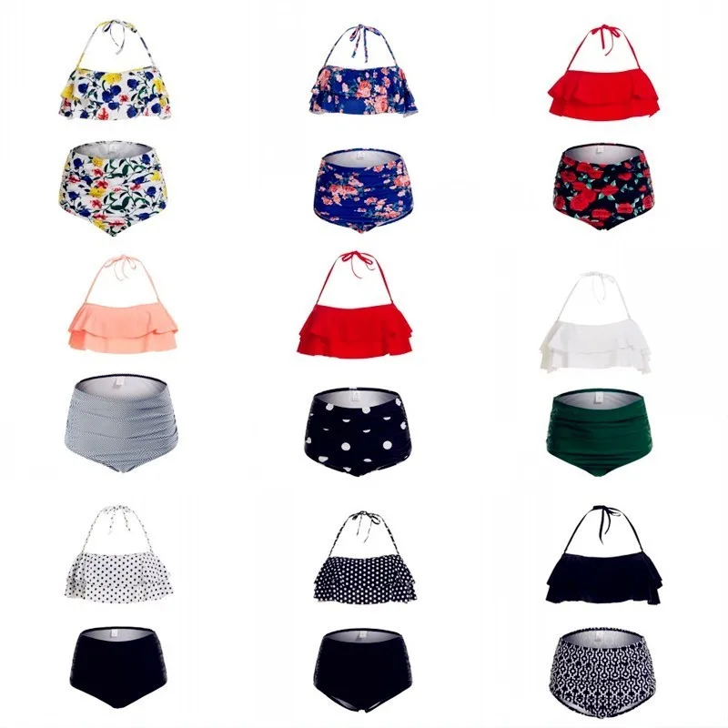 

Lefeel Solid High Waist Swimsuit Ruffle Women Sexy Bikinis New Floral Print Swimwear Halter Top Beachwear Female Biquini