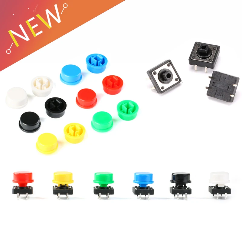 

Tactile Push Button Switch Momentary 12*12*7.3MM Micro Switch Button + 5 Colors Tact Cap for DIY Kit