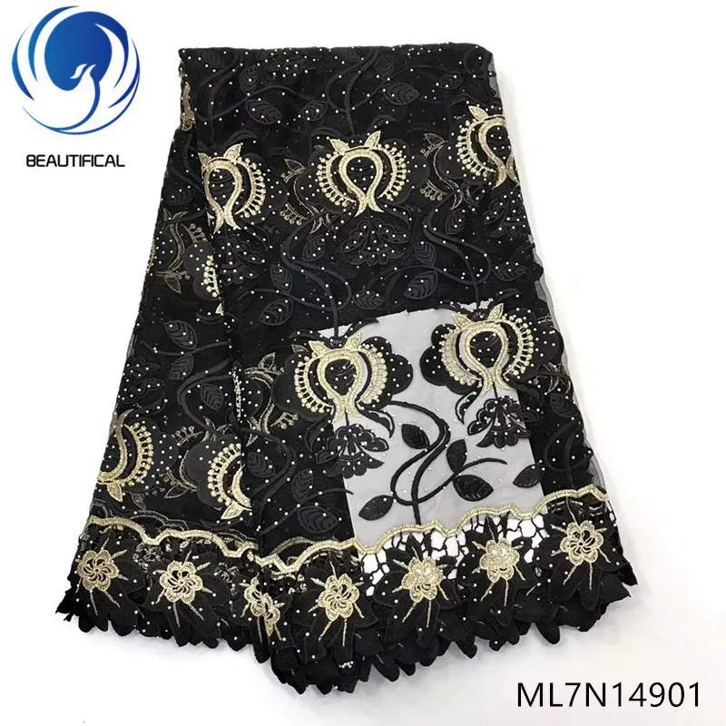 

BEAUTIFICAL black net lace fabric rhinestones french african lace with guipure tulle lace ML7N149