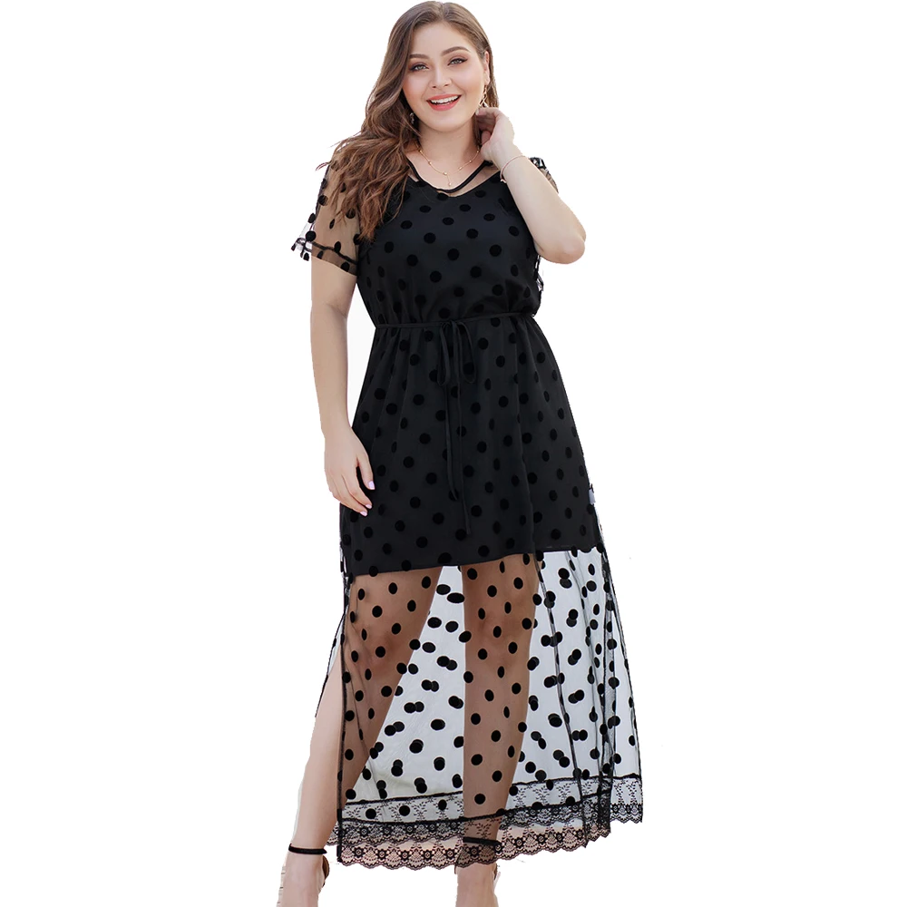 

Wipalo Women Plus Size Polka Dot Mesh Split Dress Two Piece Dress V Neck Short Sleeves Ankle Length Dress Solid Casual Vestidos