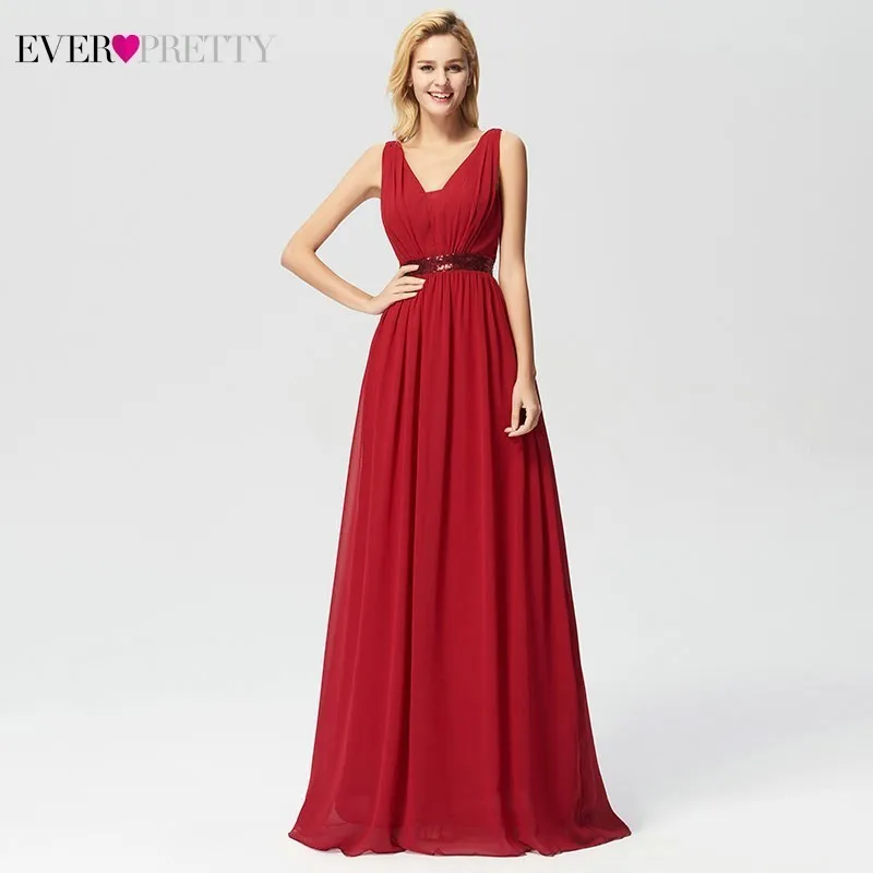 

Burgundy Evening Dresses Long Ever Pretty V-Neck Sleeveless Sparkle Formal Party Dresses With Sashes EZ07666BD Sukienki Dlugie