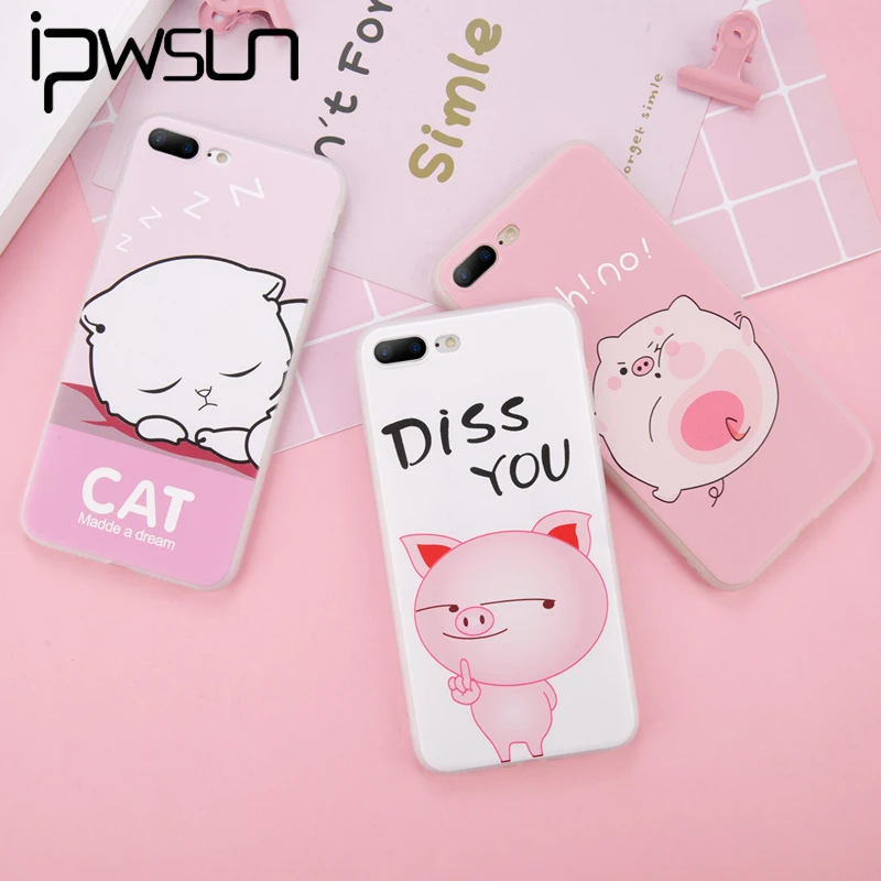 

iPWSOO Fashion Case For iPhone 6 6S 7 8 Plus X Case Cartoon Cute Pig Letter Sleeping Dog Cat Soft TPU For iPhone 7 Phone Cover