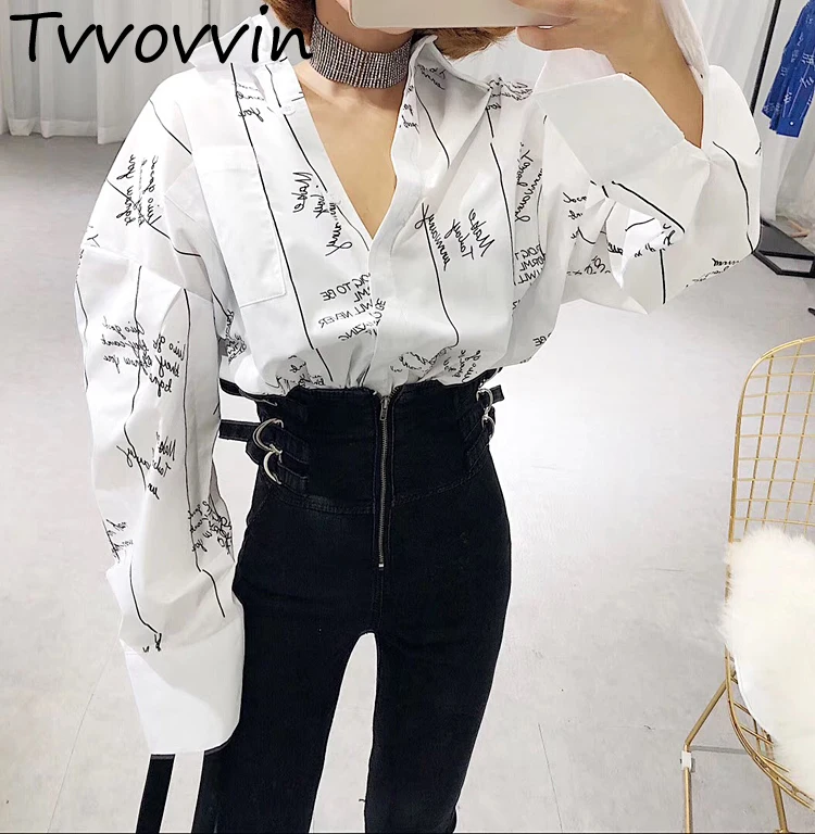 

TVVOVVIN Women Blouse 2019 Spring Cotton White Blouses All-match Loose Letter Print Cardigan Shirt Long Sleeved Shirts E293