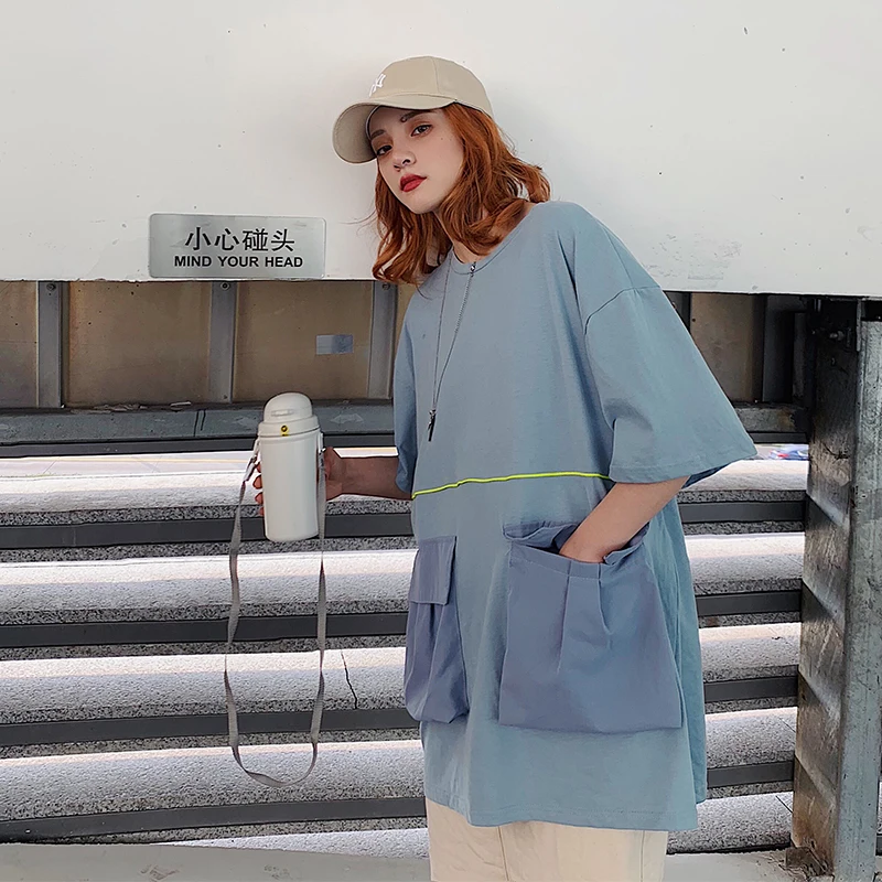 

Fashion Round Neck Pocket Clothes Short Sleeve Lovers T shirt women High Quality summer top Free shipping