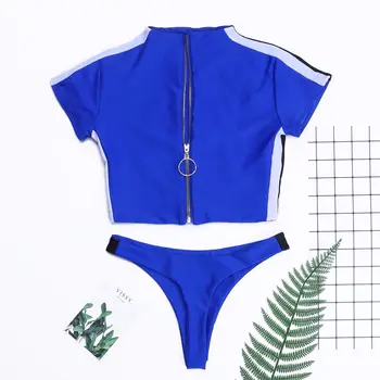 

Women Short Sleeve Simwear Zipper Bikini Top Padded Push-up Bikini Set Swimsuit Striped Bathing Suit Swimwears Beachwear