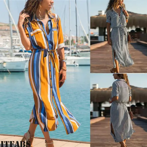 Women's Summer Casual Long Maxi Evening Party Beach Dress Sundress Blouse Shirt