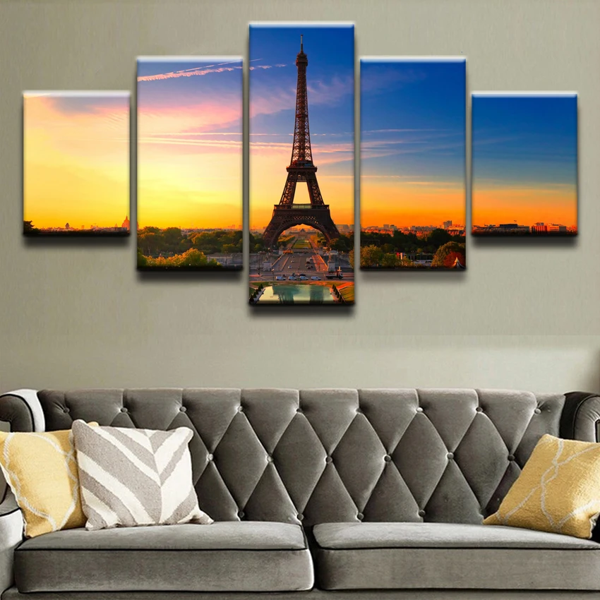 

HD Print Landscape Figure Canvas Wall Art Modular Pictures 5 Pieces Eiffel Tower Paris Paintings Decor Poster One Set Framework