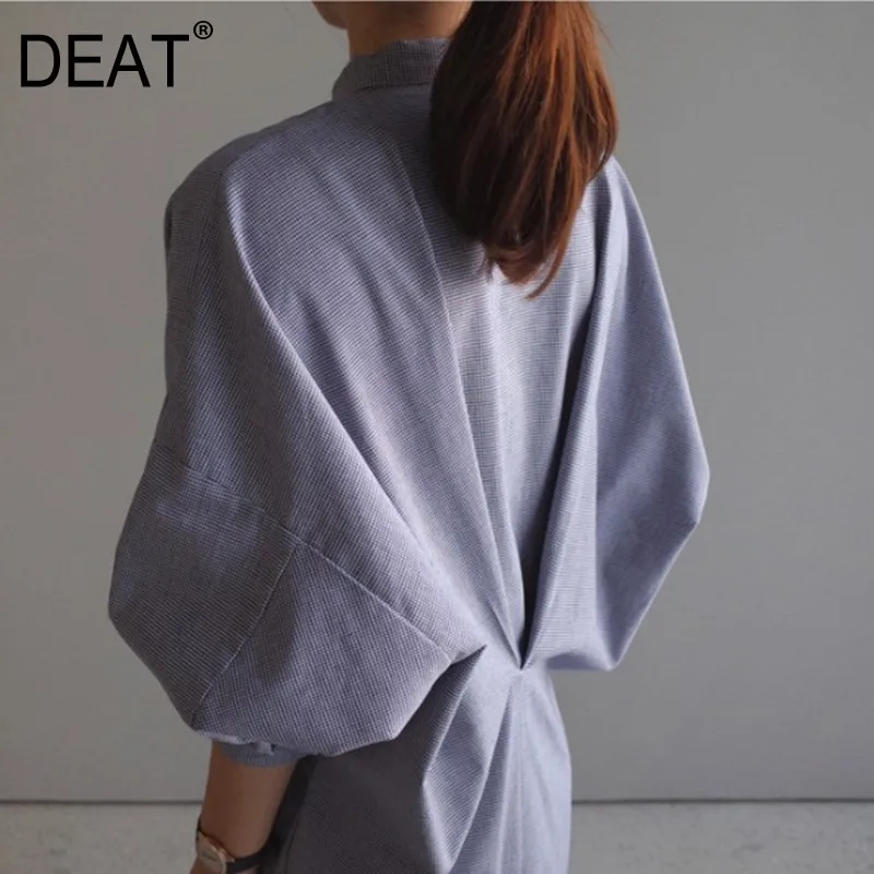 

[DEAT] 2019New Spring Summer Stand Neck Long Batwing Sleeve Single Breasted Pleated Loose Shirt Dress Women Fashion Tide 10C822