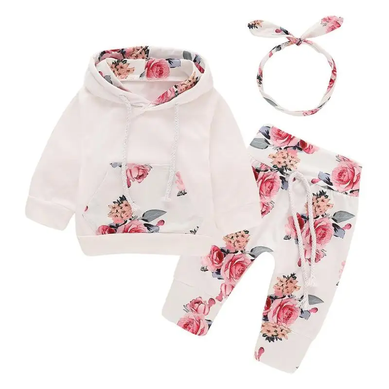 

3pcs Infants Clothes Set Baby Floral Print Autumn Hoodies Pants Headband