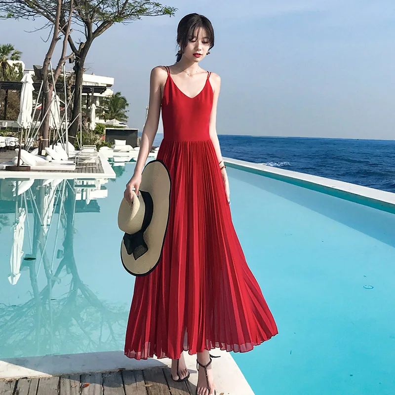 

Red Pleated Dress New Summer Women Sleeveless Vest Spaghetti Strap Bohemian Long Chiffon Dresses Solid Color