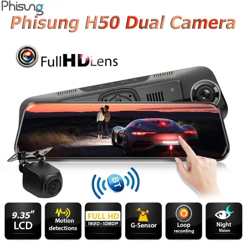 

Phisung H50 9.35" Car Rear View Mirror DVR Camera 1080P Full HD Dual Lens Dash Cam Video Recorder Night Vision G-sensor Dashcam