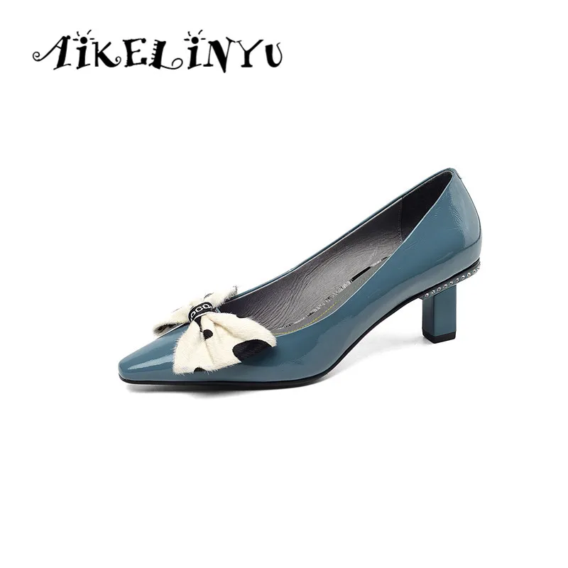 

AIKELINYU Fashion Women Low-heel Brand Shoes Blue Party Shoes Square Heels Pointed End Woman Luxury Wedding Shoes White Heels