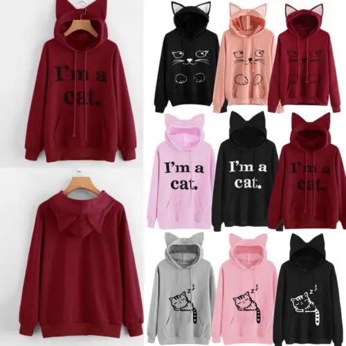 Women Cat Hoodie Long Sleeve Sweatshirt Jumper Coat Hooded Pullover Tops