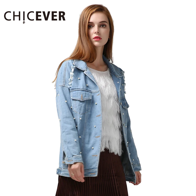 

CHICEVER Vintage Hole Autumn Women Jacket Coat Female Long Sleeve Loose Big Size Denim Women's Basic Coats Clothes Fashion 2019