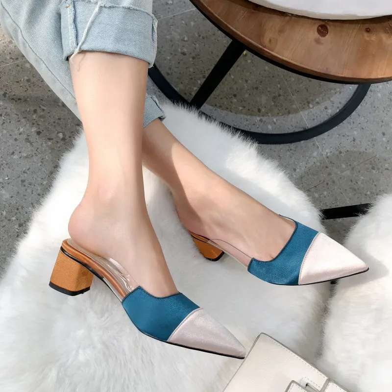 

2019 summer fashion new pointed slippers thick with color matching baotou stitching transparent slippers PVC Muller shoes