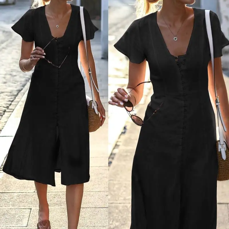 

S-5XL Celmia 2019 Summer Beach Dress Women Sexy V Neck Split Ruffles Long Shirt Dresses Short Sleeve Buttons Party Vestidos